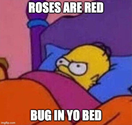 roses are red | ROSES ARE RED; BUG IN YO BED | image tagged in angry homer simpson in bed,roses are red,bed,simpsons,memes,funny memes | made w/ Imgflip meme maker