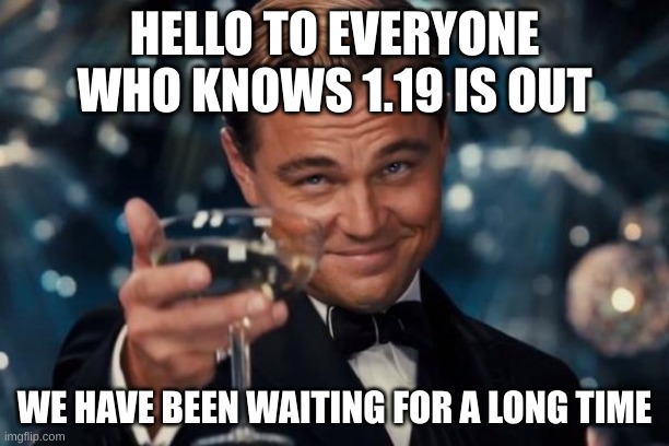 1.19!!!! | HELLO TO EVERYONE WHO KNOWS 1.19 IS OUT; WE HAVE BEEN WAITING FOR A LONG TIME | image tagged in memes,leonardo dicaprio cheers | made w/ Imgflip meme maker