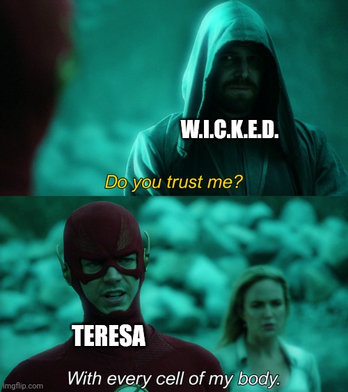 Why Teresa, why. maze runner |  W.I.C.K.E.D. TERESA | image tagged in do you trust me,maze runner,funny memes,the flash | made w/ Imgflip meme maker