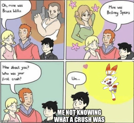 Don’t worry I know what a crush is now | ME NOT KNOWING WHAT A CRUSH WAS | image tagged in fictional crush,scorbunny | made w/ Imgflip meme maker