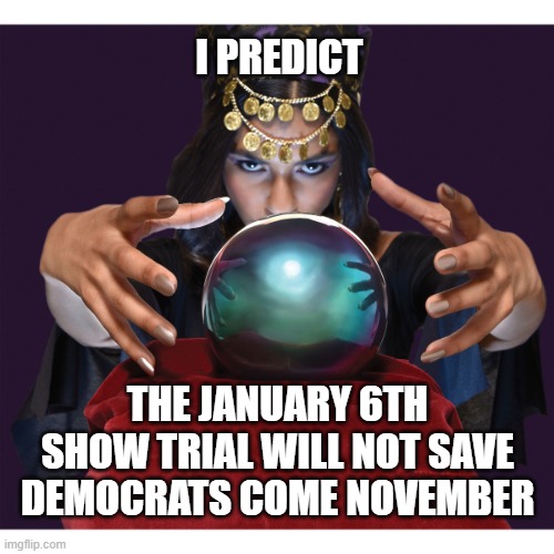 Like all the previous dog and pony shows the Democrats cook up. |  I PREDICT; THE JANUARY 6TH SHOW TRIAL WILL NOT SAVE DEMOCRATS COME NOVEMBER | image tagged in fortune teller,democrats,liberals,woke,lies,political theater | made w/ Imgflip meme maker