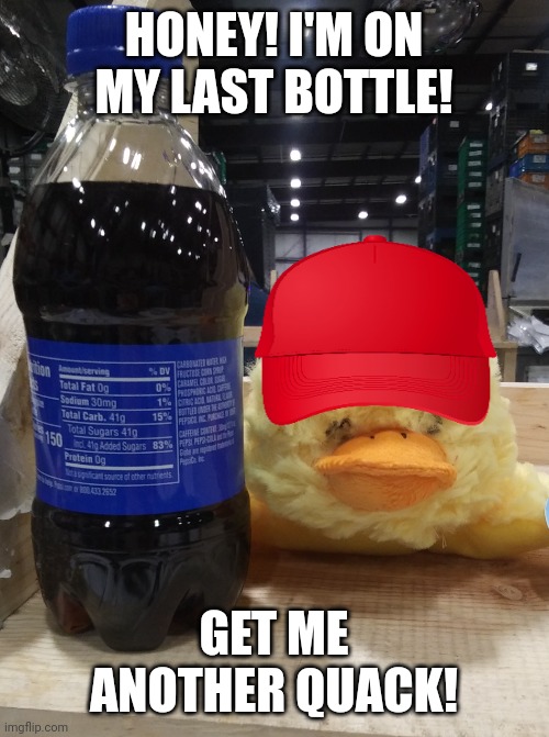 Drunk Duck | HONEY! I'M ON MY LAST BOTTLE! GET ME ANOTHER QUACK! | image tagged in drunk duck | made w/ Imgflip meme maker