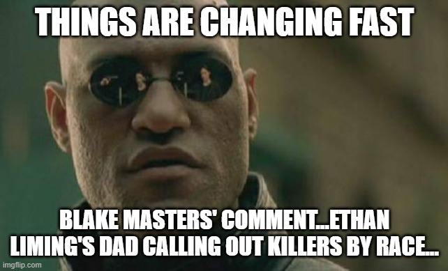 overton window wide open | THINGS ARE CHANGING FAST; BLAKE MASTERS' COMMENT...ETHAN LIMING'S DAD CALLING OUT KILLERS BY RACE... | image tagged in memes,matrix morpheus | made w/ Imgflip meme maker