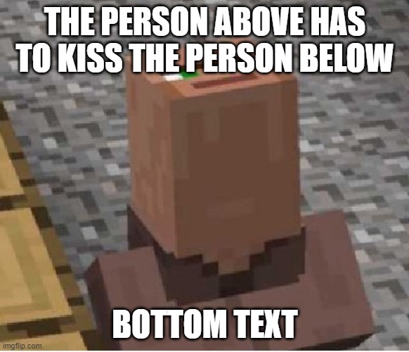 Minecraft Villager Looking Up | THE PERSON ABOVE HAS TO KISS THE PERSON BELOW; BOTTOM TEXT | image tagged in minecraft villager looking up | made w/ Imgflip meme maker