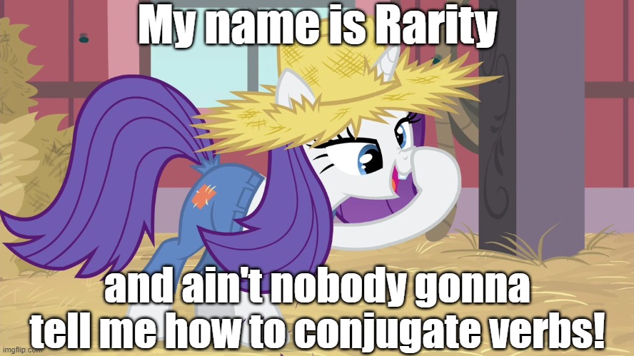 Rarity are jerk | My name is Rarity; and ain't nobody gonna tell me how to conjugate verbs! | image tagged in mlp,mlp meme,rarity,robot chicken | made w/ Imgflip meme maker