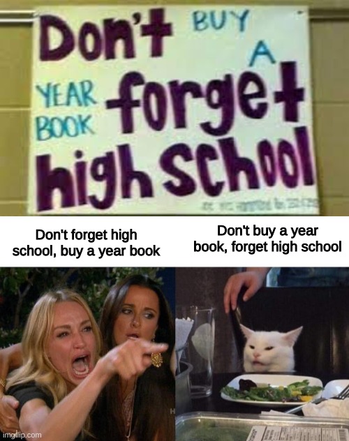 i go with the cat | Don't forget high school, buy a year book; Don't buy a year book, forget high school | image tagged in memes,woman yelling at cat,funny | made w/ Imgflip meme maker