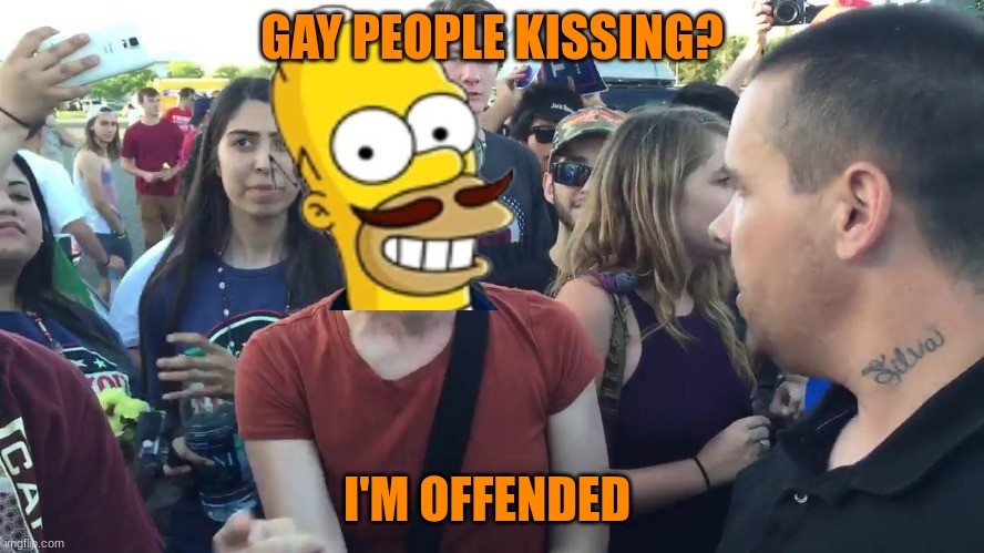 SJW lightbulb | GAY PEOPLE KISSING? I'M OFFENDED | image tagged in sjw lightbulb | made w/ Imgflip meme maker