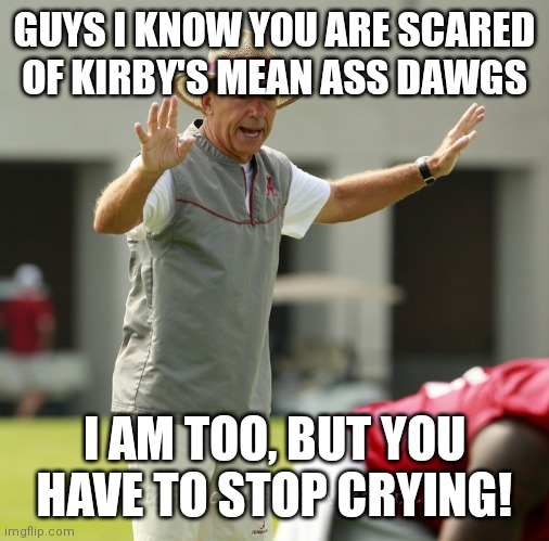 Go Dawgs | GUYS I KNOW YOU ARE SCARED OF KIRBY'S MEAN ASS DAWGS; I AM TOO, BUT YOU HAVE TO STOP CRYING! | image tagged in nick saban | made w/ Imgflip meme maker