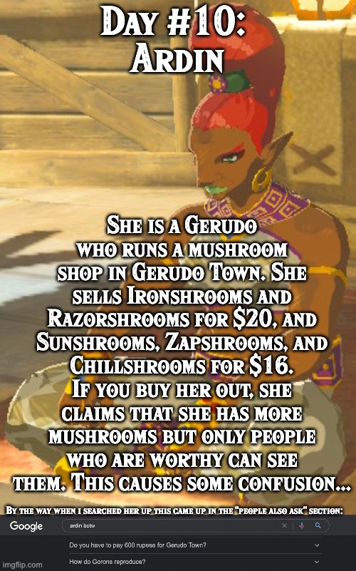 BoTW NPCs until BoTW 2. Day #10: Ardin. | She is a Gerudo who runs a mushroom shop in Gerudo Town. She sells Ironshrooms and Razorshrooms for $20, and Sunshrooms, Zapshrooms, and Chillshrooms for $16.
If you buy her out, she claims that she has more mushrooms but only people who are worthy can see them. This causes some confusion... Day #10: 
Ardin; By the way when i searched her up this came up in the "people also ask" section: | image tagged in one npc every day,the legend of zelda breath of the wild | made w/ Imgflip meme maker