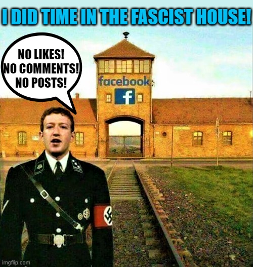 I did time in the fascist house |  I DID TIME IN THE FASCIST HOUSE! NO LIKES!
NO COMMENTS!
NO POSTS! | image tagged in facebook prison or jail,fb,fascist,facebook likes,comments,posts | made w/ Imgflip meme maker