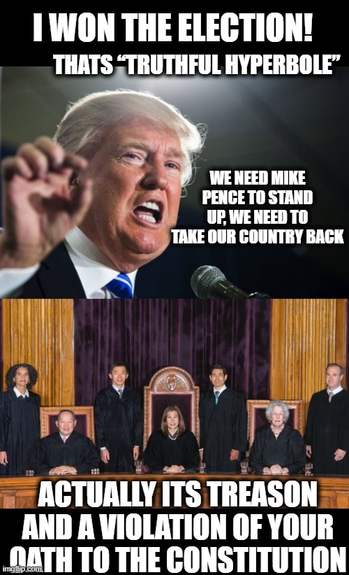 Watch the Jan 6 hearings.... wow... lock him up, for life. | I WON THE ELECTION! THATS “TRUTHFUL HYPERBOLE”; WE NEED MIKE PENCE TO STAND UP, WE NEED TO TAKE OUR COUNTRY BACK; ACTUALLY ITS TREASON AND A VIOLATION OF YOUR OATH TO THE CONSTITUTION | image tagged in donald trump,memes,jan 6,politics,treason | made w/ Imgflip meme maker