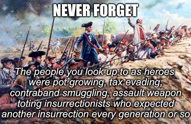 South American Revolution | NEVER FORGET; The people you look up to as heroes 
were pot growing, tax evading, contraband smuggling, assault weapon toting insurrectionists who expected another insurrection every generation or so | image tagged in american revolution | made w/ Imgflip meme maker