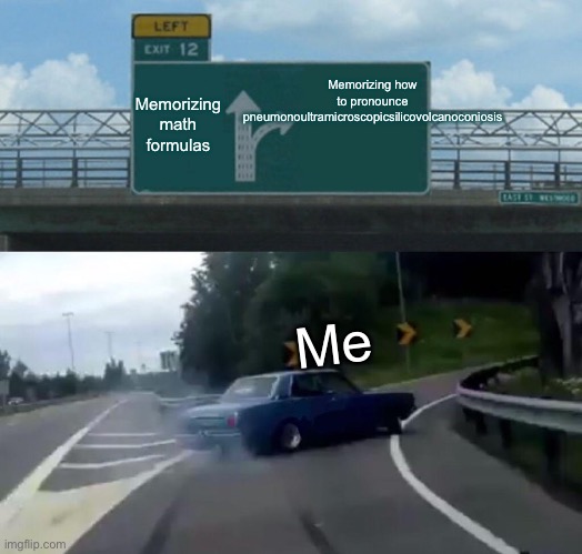 I hate math anyway | Memorizing how to pronounce pneumonoultramicroscopicsilicovolcanoconiosis; Memorizing math formulas; Me | image tagged in memes,left exit 12 off ramp | made w/ Imgflip meme maker