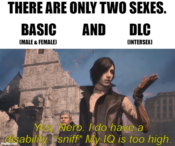 Shower thoughts. xD | THERE ARE ONLY TWO SEXES. BASIC          AND         DLC; (MALE & FEMALE)                                                                    (INTERSEX); Yes, Nero. I do have a disability. *sniff* My IQ is too high. | image tagged in devil may cry,memes,funny,iq,too high | made w/ Imgflip meme maker