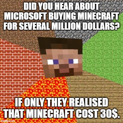 memes | DID YOU HEAR ABOUT MICROSOFT BUYING MINECRAFT FOR SEVERAL MILLION DOLLARS? IF ONLY THEY REALISED THAT MINECRAFT COST 30$. | image tagged in minecraft steve | made w/ Imgflip meme maker