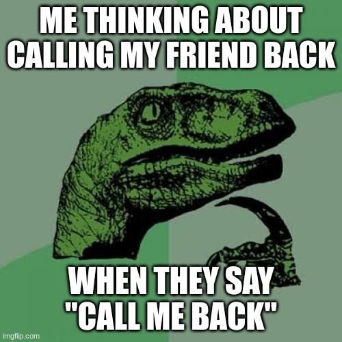 Philosoraptor | ME THINKING ABOUT CALLING MY FRIEND BACK; WHEN THEY SAY "CALL ME BACK" | image tagged in memes,philosoraptor | made w/ Imgflip meme maker