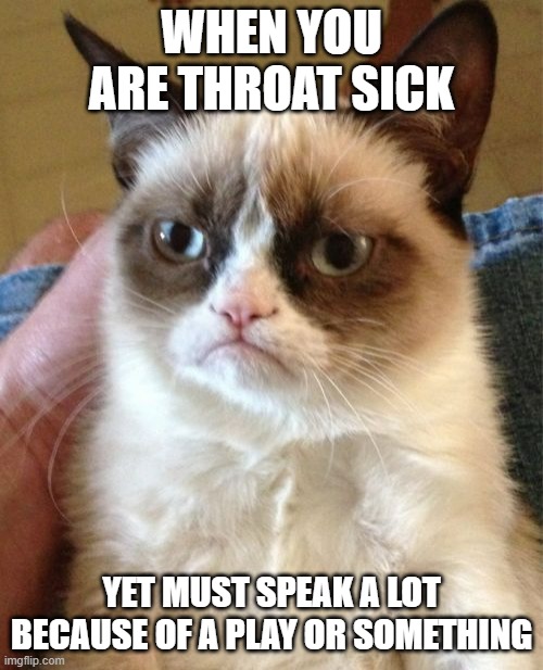 Better worse things in the world than that | WHEN YOU ARE THROAT SICK; YET MUST SPEAK A LOT BECAUSE OF A PLAY OR SOMETHING | image tagged in memes,grumpy cat,sick | made w/ Imgflip meme maker