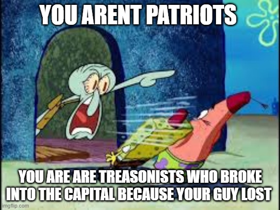 squidward yelling | YOU ARENT PATRIOTS; YOU ARE ARE TREASONISTS WHO BROKE INTO THE CAPITAL BECAUSE YOUR GUY LOST | image tagged in squidward yelling | made w/ Imgflip meme maker