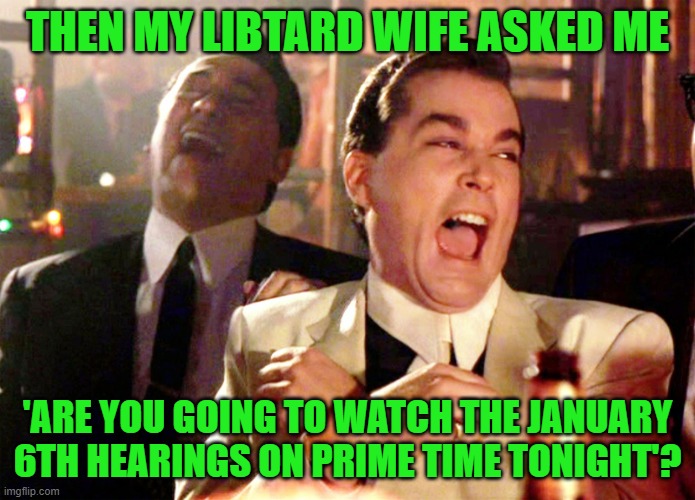 I'd rather get an enema and root canal simultaneously. | THEN MY LIBTARD WIFE ASKED ME; 'ARE YOU GOING TO WATCH THE JANUARY 6TH HEARINGS ON PRIME TIME TONIGHT'? | image tagged in memes,good fellas hilarious,january 6th,congress,democrats | made w/ Imgflip meme maker