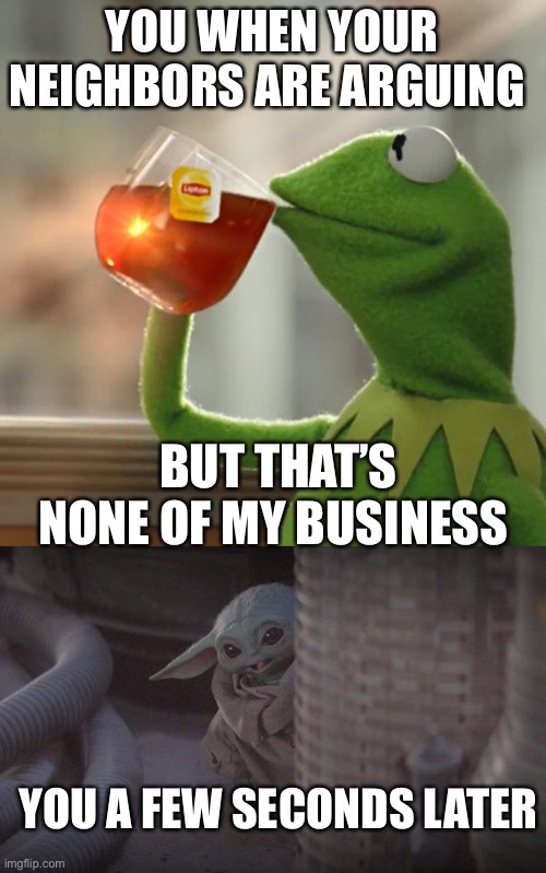 Has that happened before | YOU WHEN YOUR NEIGHBORS ARE ARGUING; BUT THAT’S NONE OF MY BUSINESS; YOU A FEW SECONDS LATER | image tagged in memes,but that's none of my business,baby yoda peek | made w/ Imgflip meme maker