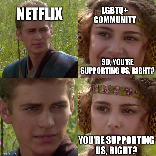 Netflix | NETFLIX; LGBTQ+ COMMUNITY; SO, YOU’RE SUPPORTING US, RIGHT? YOU’RE SUPPORTING US, RIGHT? | image tagged in netflix,lgbtq | made w/ Imgflip meme maker