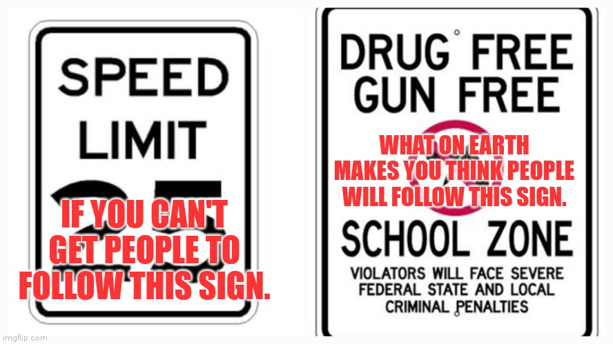 Gun free zones don't work. | WHAT ON EARTH MAKES YOU THINK PEOPLE WILL FOLLOW THIS SIGN. IF YOU CAN'T GET PEOPLE TO FOLLOW THIS SIGN. | image tagged in second amendment,guns,gun laws,gun control,gun free zone,speed limit | made w/ Imgflip meme maker