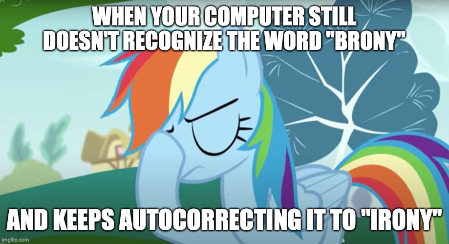 It happened again as I was making this very meme | WHEN YOUR COMPUTER STILL DOESN'T RECOGNIZE THE WORD "BRONY"; AND KEEPS AUTOCORRECTING IT TO "IRONY"; https://www.youtube.com/watch?v=2C3ynKaferg | image tagged in memes,my little pony,brony,autocorrect,irony | made w/ Imgflip meme maker