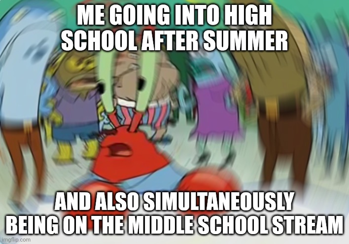 Hmmm | ME GOING INTO HIGH SCHOOL AFTER SUMMER; AND ALSO SIMULTANEOUSLY BEING ON THE MIDDLE SCHOOL STREAM | image tagged in memes,mr krabs blur meme,middle school,summer,summer vacation,high school | made w/ Imgflip meme maker