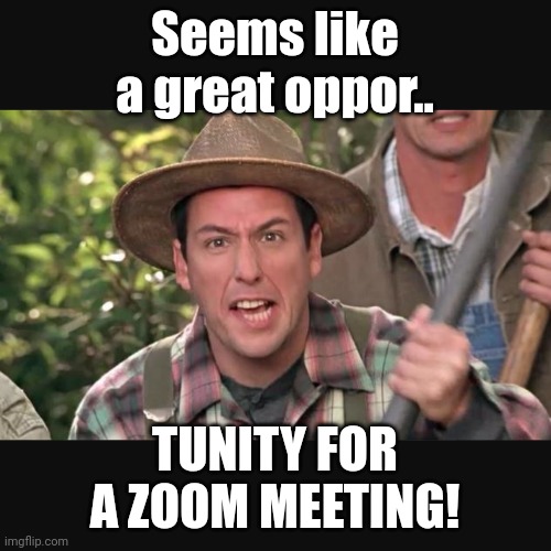 When you have a training on your day off and ahve to go in | Seems like a great oppor.. TUNITY FOR A ZOOM MEETING! | image tagged in adam sandler,zoom,meeting | made w/ Imgflip meme maker