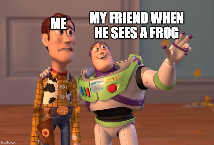 Why does my friend like frogs? | MY FRIEND WHEN HE SEES A FROG; ME | image tagged in memes,x x everywhere | made w/ Imgflip meme maker