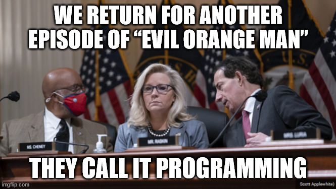 Government programming for their indoctrinated | WE RETURN FOR ANOTHER EPISODE OF “EVIL ORANGE MAN”; THEY CALL IT PROGRAMMING | image tagged in government,programming | made w/ Imgflip meme maker