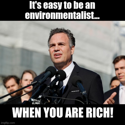 Mark Ruffalo | It's easy to be an
environmentalist... WHEN YOU ARE RICH! | image tagged in environment,enviromentalist,fake,greenpeace | made w/ Imgflip meme maker