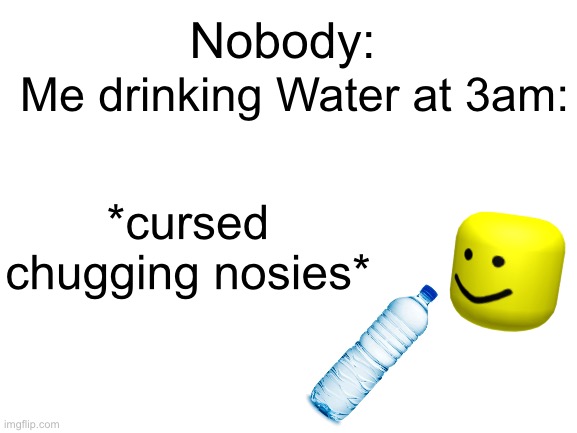 *Cursed Chugging Nosies Intensifies* | Me drinking Water at 3am:; Nobody:; *cursed chugging nosies* | image tagged in blank white template,meme | made w/ Imgflip meme maker