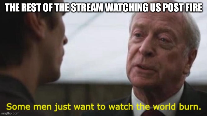 B U R N | THE REST OF THE STREAM WATCHING US POST FIRE | image tagged in some men just want to watch the world burn | made w/ Imgflip meme maker
