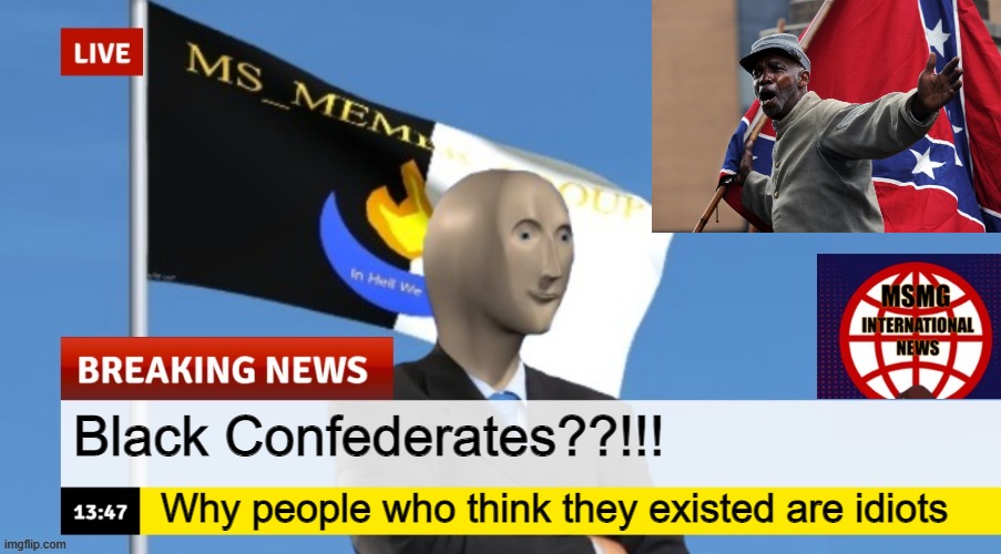 There were no black Confederate regiments. There were camp slaves, but no soldiers | Black Confederates??!!! Why people who think they existed are idiots | image tagged in msmg news | made w/ Imgflip meme maker