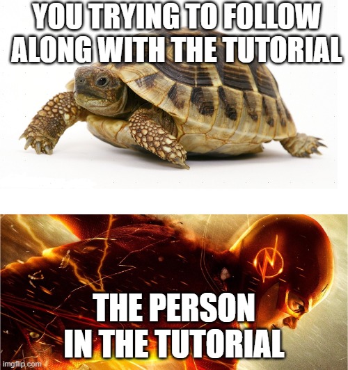 Tutorials be like: | YOU TRYING TO FOLLOW ALONG WITH THE TUTORIAL; THE PERSON IN THE TUTORIAL | image tagged in slow vs fast meme | made w/ Imgflip meme maker