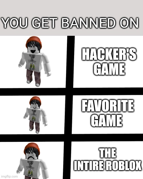 QTPlayz | YOU GET BANNED ON; HACKER'S GAME; FAVORITE GAME; THE INTIRE ROBLOX | image tagged in qtplayz | made w/ Imgflip meme maker