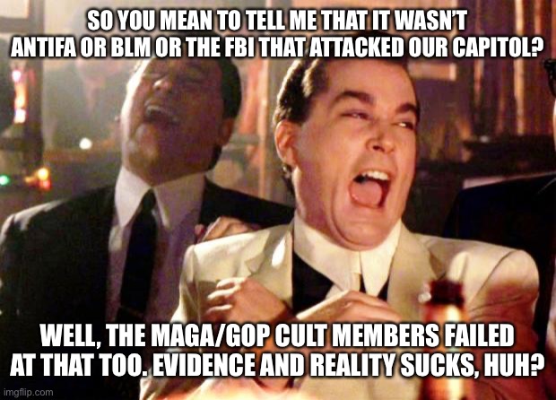 Goodfellas Laugh | SO YOU MEAN TO TELL ME THAT IT WASN’T ANTIFA OR BLM OR THE FBI THAT ATTACKED OUR CAPITOL? WELL, THE MAGA/GOP CULT MEMBERS FAILED AT THAT TOO. EVIDENCE AND REALITY SUCKS, HUH? | image tagged in goodfellas laugh | made w/ Imgflip meme maker