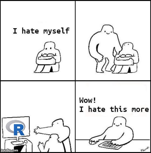 R is cool :) | image tagged in i hate myself,r,rstudio | made w/ Imgflip meme maker