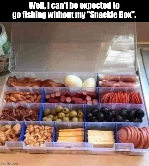 Snackle | Well, I can't be expected to go fishing without my "Snackle Box". | image tagged in snack | made w/ Imgflip meme maker