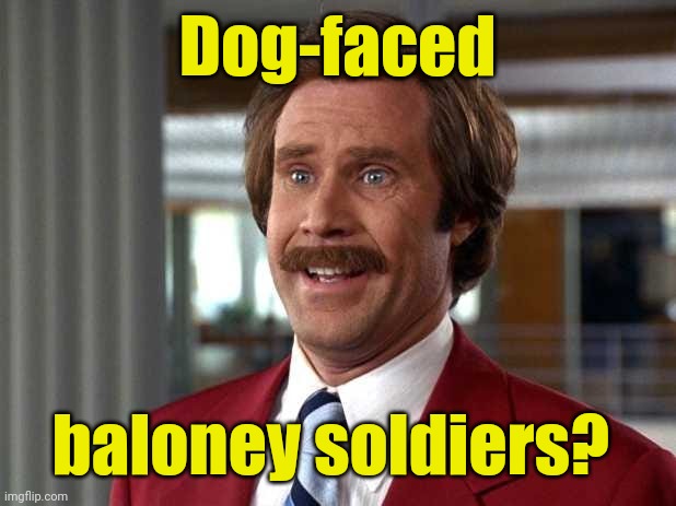 Ron Burgundy can't believe it | Dog-faced baloney soldiers? | image tagged in ron burgundy can't believe it | made w/ Imgflip meme maker