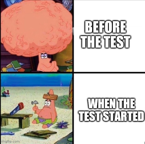 Mom, pick me up. I'm scared. | BEFORE THE TEST; WHEN THE TEST STARTED | image tagged in patrick big brain,pain,funny,school,memes,meme | made w/ Imgflip meme maker
