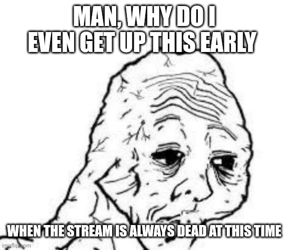 Feel like getting another few minutes of sleep tbh, but also don't | MAN, WHY DO I EVEN GET UP THIS EARLY; WHEN THE STREAM IS ALWAYS DEAD AT THIS TIME | image tagged in tired wojak | made w/ Imgflip meme maker