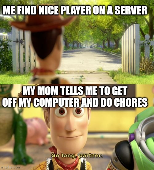 So long partner | ME FIND NICE PLAYER ON A SERVER; MY MOM TELLS ME TO GET OFF MY COMPUTER AND DO CHORES | image tagged in so long partner | made w/ Imgflip meme maker