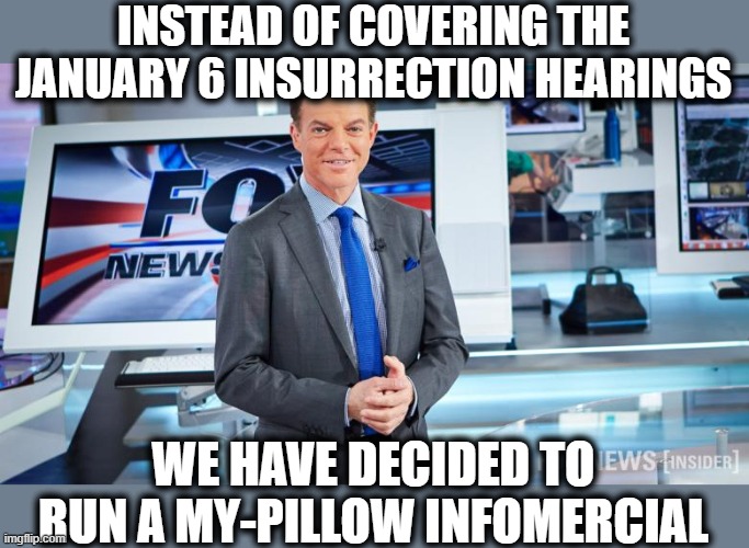 Fox is such a sad joke | INSTEAD OF COVERING THE JANUARY 6 INSURRECTION HEARINGS; WE HAVE DECIDED TO RUN A MY-PILLOW INFOMERCIAL | image tagged in fox news,memes | made w/ Imgflip meme maker