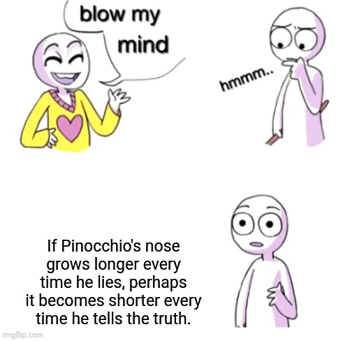 Pinocchio's nose | If Pinocchio's nose grows longer every time he lies, perhaps it becomes shorter every time he tells the truth. | image tagged in blow my mind,pinocchio,nose,reposts,repost,memes | made w/ Imgflip meme maker