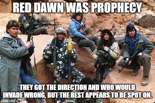 Wolverines! | RED DAWN WAS PROPHECY; THEY GOT THE DIRECTION AND WHO WOULD INVADE WRONG, BUT THE REST APPEARS TO BE SPOT ON. | image tagged in wolverines,red dawn,the resistance,prophecy,it is happening now,we the people | made w/ Imgflip meme maker