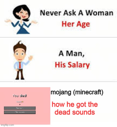 especially the panda |  mojang (minecraft); how he got the
dead sounds | image tagged in never ask a woman her age,memes,funny,cats,all lives matter | made w/ Imgflip meme maker