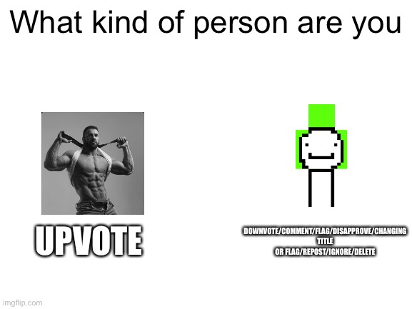 Blank White Template | What kind of person are you; DOWNVOTE/COMMENT/FLAG/DISAPPROVE/CHANGING TITLE OR FLAG/REPOST/IGNORE/DELETE; UPVOTE | image tagged in blank white template | made w/ Imgflip meme maker