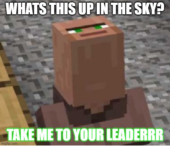 Minecraft Villager Looking Up | WHATS THIS UP IN THE SKY? TAKE ME TO YOUR LEADERRR | image tagged in minecraft villager looking up | made w/ Imgflip meme maker
